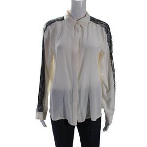 TJ Collection Women's Long Sleeves Silk Lace Trim Button Down Shirt Beige Size L